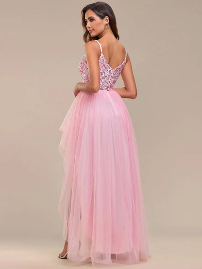 Elegant Evening Dresses Spaghetti Straps Asymmetric Sequin Tulle Floor-Length  Ever Pretty of Pink Bridesmaid dresses