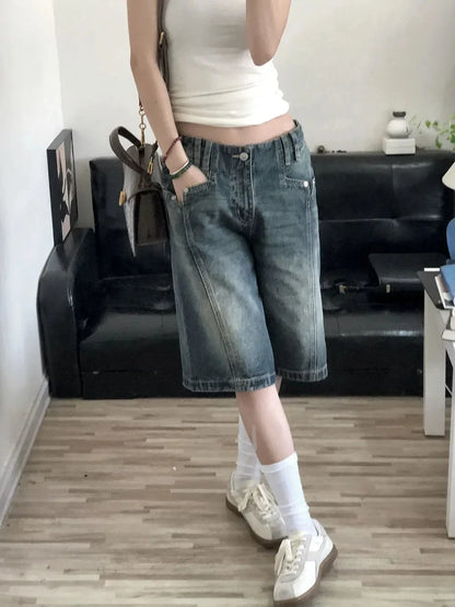 lovwvol Women's Fashion Baggy Blue Denim Shorts Vintage Street Style Wide Leg Capris Female High Waist Straight Kenn-length Jeans