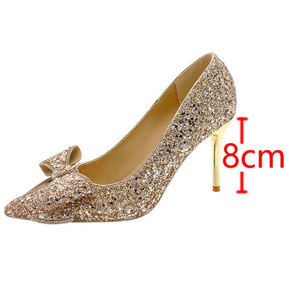 lovwvol Shiny Sequins High Heels Pumps Women 2023 New Crystal Bowtie Thin Heeled Wedding Party Shoes Woman Luxury Pointed Toe Red Pumps