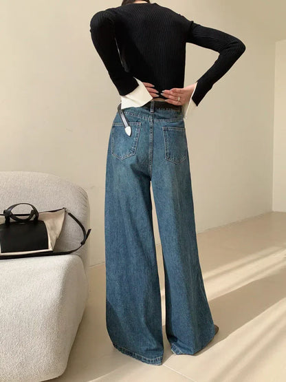 lovwvol Women's Solid Color Wash Blue Micro Flared Baggy Jeans Cool Girl High Waisted Loose Pants Female Casual Wide Leg Denim Trousers