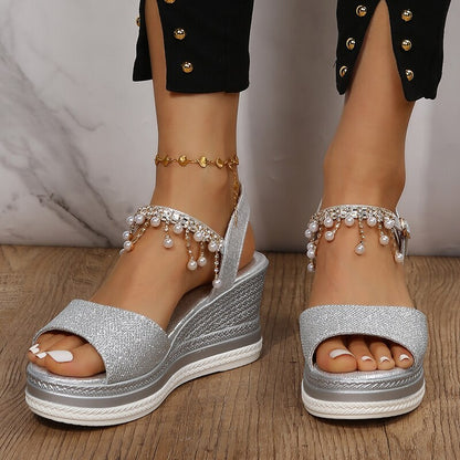 lovwvol Gold Silver Wedges Sandals Women 2023 Summer Pearl Tassels Ankle Strap Platform Sandles Woman Plus Size 43 Peep Toe Beach Shoes