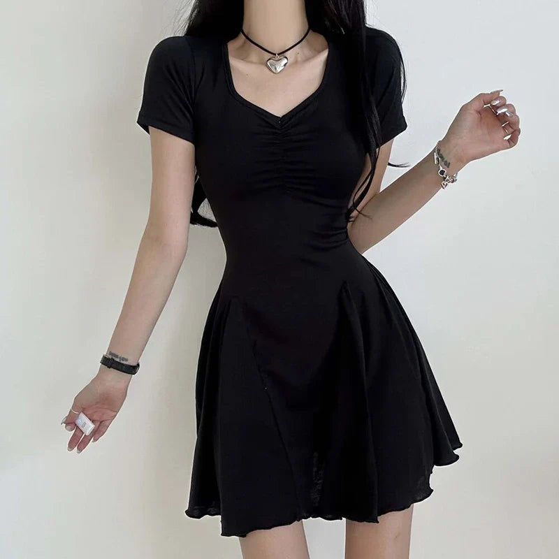 lovwvol V Neck Folds Folds Basic Short Casual Dress for Women Korean Fashion A-Line Sundress Draped Summer Dresses Clothing