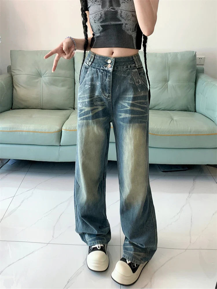 lovwvol Women's Retro Dirty Blue Thin Jeans Young Girl Summer Street Style Straight Bottoms Vintage Casual Trousers Female Wide Leg Pant