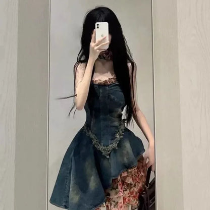 lovwvol  -  French Fashion Spicy Girl Strapless Denim Dress Women's Summer High-end Feeling Waist Cinching Slimming Dresses