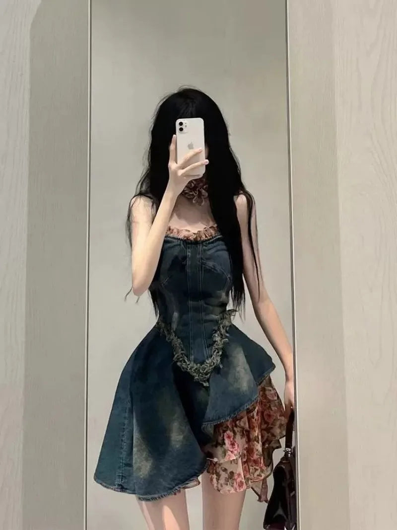 lovwvol  -  French Fashion Spicy Girl Strapless Denim Dress Women's Summer High-end Feeling Waist Cinching Slimming Dresses