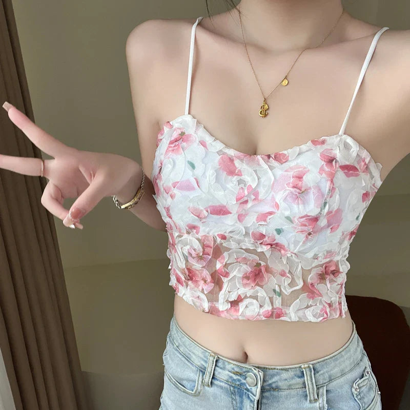 lovwvol Lace Crop Top Women Rose Floral Bra Mesh Tube Top Beauty Back Bra Seamless Cami with Chest Pads Sexy Tank Top Sweet Lingerie