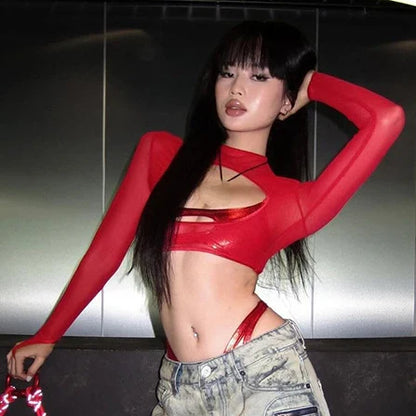 lovwvol  -  See Through Slim Women Hollow Out Harajuku T-shirt Sexy Y2k Aesthetic Mesh Harajuku Red Tshirts Streetwear Red Grunge Crop Tops