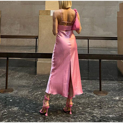 lovwvol Pink Camis Long Dresses Women Satin Cut Out Sleeveless Slip Dress Female Backless Sexy Party Dresses Summer Slit Midi Dress