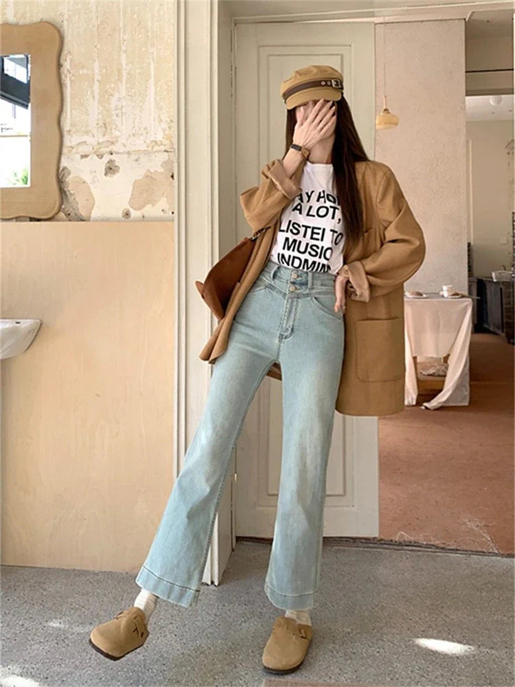 lovwvol Women's High Waisted Light Blue Micro Flared Jeans Young Girl Ankle-length Denim Trousers Vintage Bottoms Female Cropped Pants