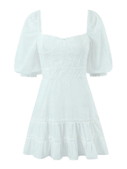 CHIC White Spliced Lace Embroidery Hollow Out Flower Cotton Dress Women Square Collar Puff Sleeve Ruffles Hem Mini Robe