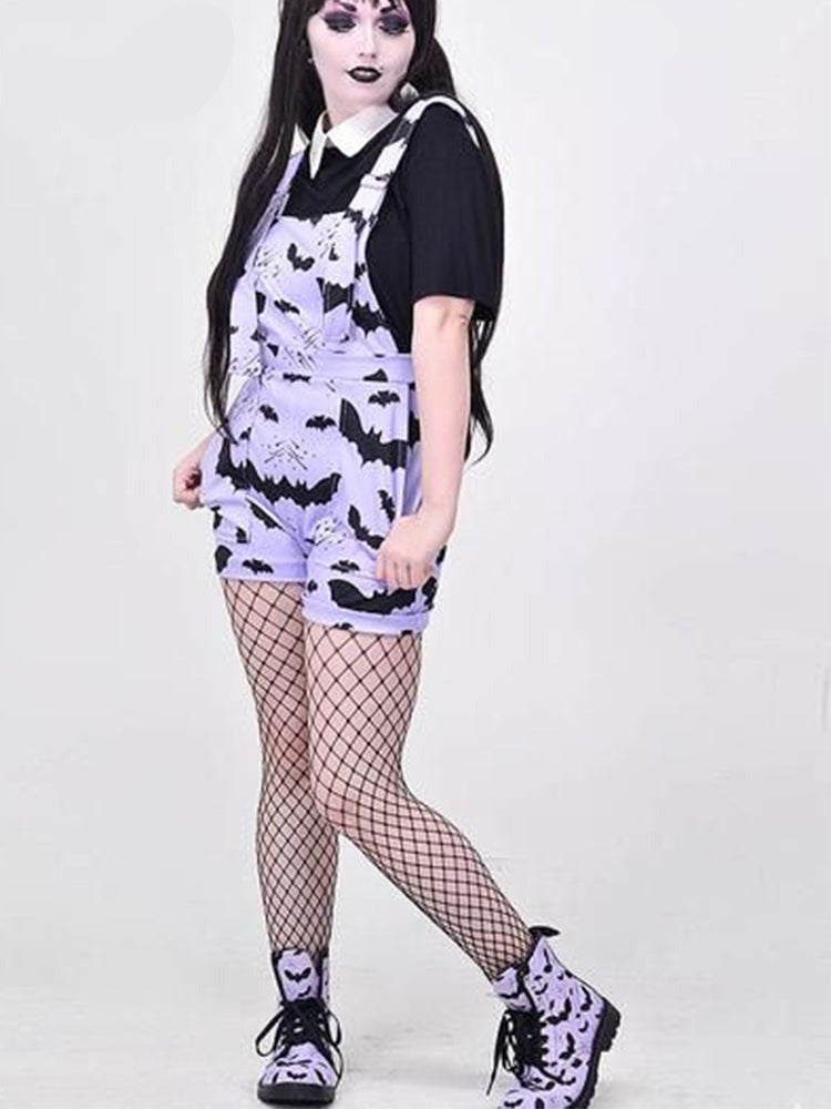 lovwvol Bat Pattern Overalls Gothic Emo Printed Bodysuits Women Grunge Punk Bodycon Aesthetic Sexy Club Rompers with Pockets