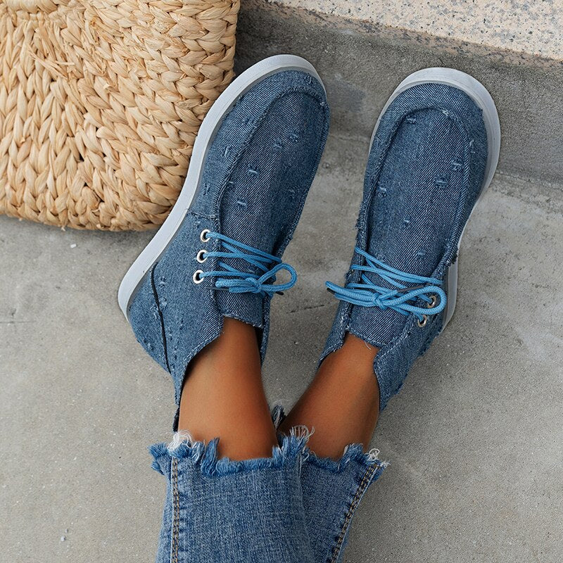 High Top Flat Heels Canvas Sneakers Women 2023 Autumn Denim Blue Lace Up Casual Shoes Woman Plus Size 43 Anti Slip Sport Shoes