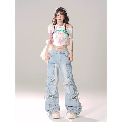 lovwvol Women Blue Pocket Baggy Cargo Jeans Harajuku Streetwear 90s Y2k Oversize Denim Trousers Vintage 2000s Style Trashy Jean Pants