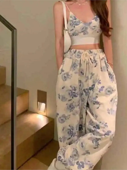 lovwvol Sexy Y2k Floral Two Piece Top Pant Set Women Korean Casual High Street Summer Suits Elegant Mini Top Long Wide Leg Pants