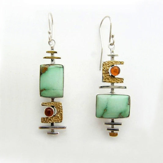 Vintage Square Green Stone Earrings for Women Unique Metal Two Tone Inlaid Orange Stones Party Dangle Earrings Jewelry