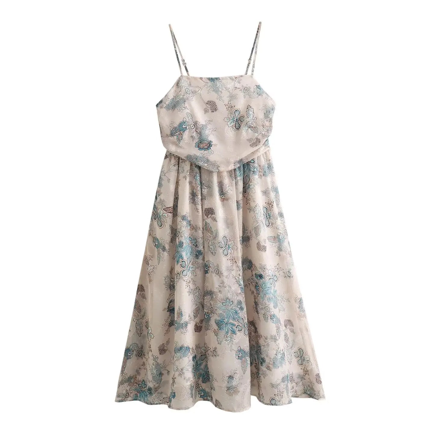 lovwvol French Vintage Spaghetti Strap Dress Sexy Elegant Women Floral Print A-line Midi Summer Dress Holiday