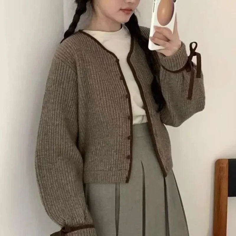 lovwvol Korean Style Gray Knitted Cardigans Youthful Woman Vintage Casual Cozy Sweaters Harajuku Aesthetic Outerwears Autumn