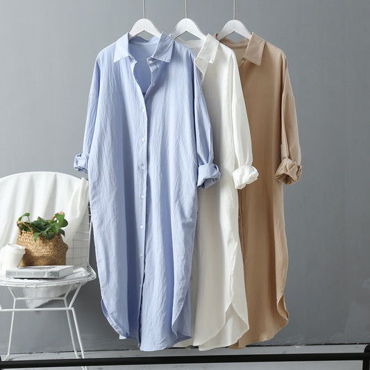 Women's Long Sleeve Shirt Midi Dress Summer Casual Cotton  Korean Solid  Buttons Loose Clothes Robe Femme Vestido Ladies Office