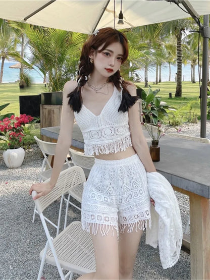 lovwvol Korean Beach Style Sexy 3 Piece Bikini Sets Summer Vacation Knited Lace Swimwear With Embroidery Cover up Women