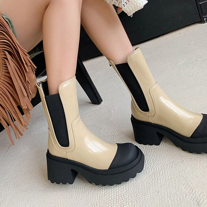 Chunky Heels Patent Leather Chelsea Boots Women 2023 Autumn Round Toe Thick Platform Ankle Boots Woman Slip On Mid Calf Booties