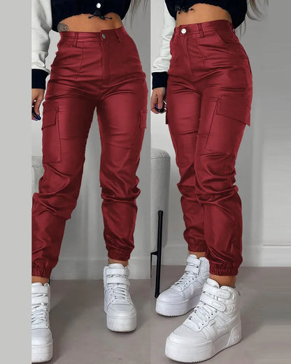 Cuffed PU Leather Pants for Women Slim Fit Long Skinny Trousers Casual and Cuffed Fashion Spring, Lady 2024