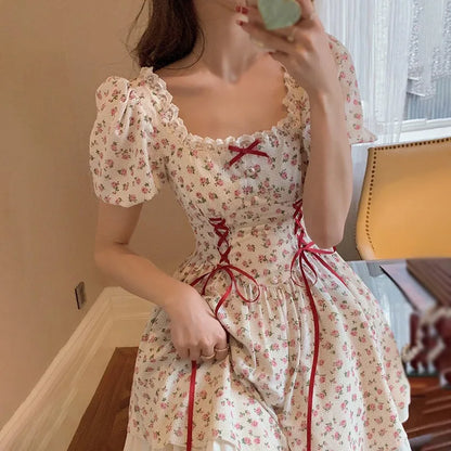 lovwvol Summer Floral Printing Women's Puff Sleeve Cute Bow Tie Lace Ruffle Dress Sweety's Short Princess Dress Soft Cotton Breathable