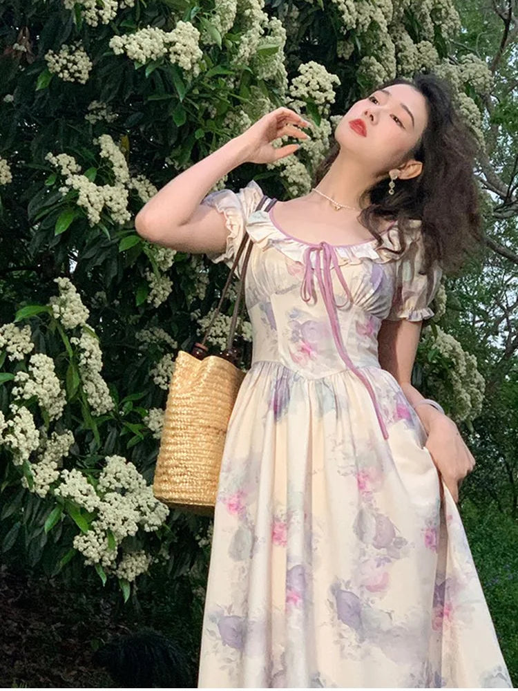 lovwvol French Printing Long Dress Women Bandage Short Puff Sleeve Dress Summer Bodycon Prom Party High Waist Vintage Dresses Woman