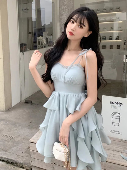 lovwvol  -   Summer Women Sundress Suspenders Ruffles Fairy Dress Elegant Feminine Holiday Beach Romantic Dress Traf Robe платье