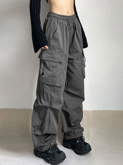 lovwvol Women Oversized Cargo Parachute Pants Y2k Vintage Streetwear High Waist Joggers Hippie Baggy Harajuku Wide Leg Sweatpants