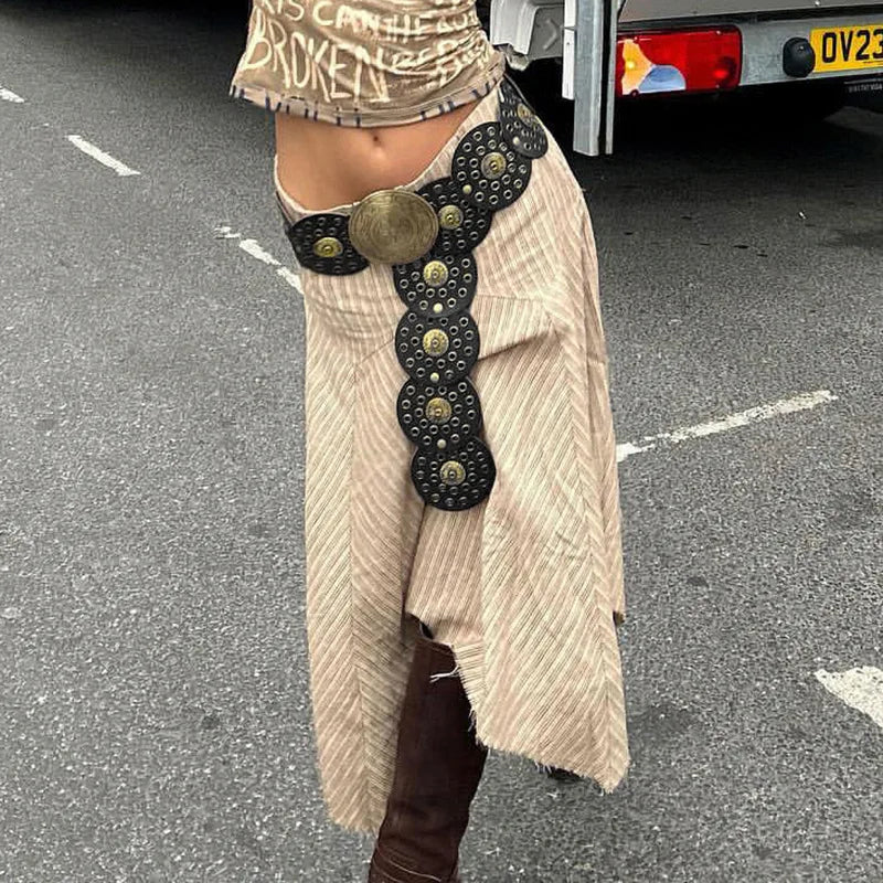 Round Disc Faux Leather Boho Wide Belts Vintage Grunge Y2k Fashion Women Waistband Concho Eyelet Waist Wide Chain Belt