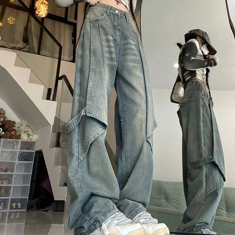 lovwvol Y2k Vintage Jeans Women High Waist Loose Straight Pants Spring Blue Spliced Casual Streetwear Fashion Denim Wide Leg Pants