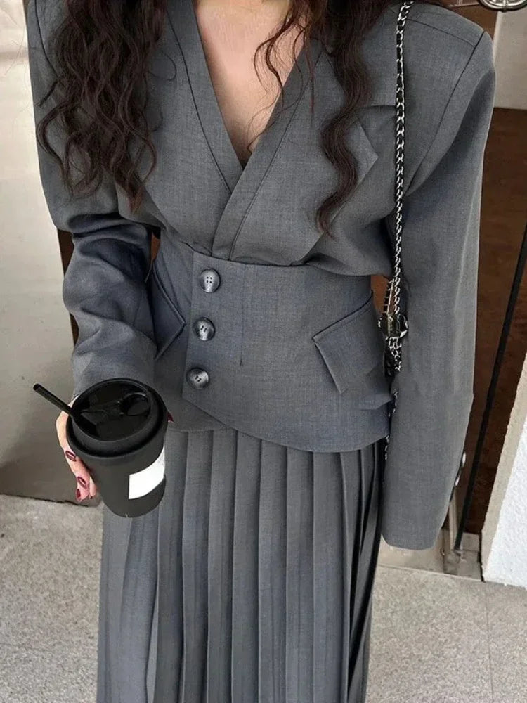 lovwvol   Fashion Designer Vintage 2 Piece Set Women Temperament Office Lady Long Sleeve Coat + Higt Waist Pleated Skirt Blazers Suit