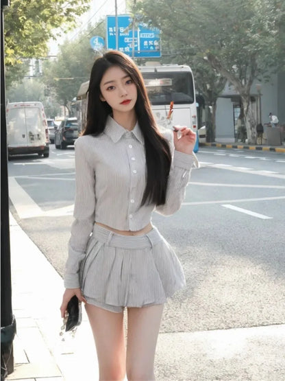 lovwvol Sweet Hot Girls Sexy Preppy Style Suit Women's Spring/Autumn Irregular Long-sleeved Short Shirt Pleated Mini Skirt Two-piece Set