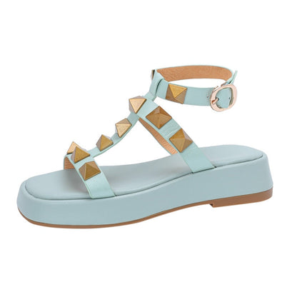 lovwvol Women Sandals SmallHut Summer Sheepskin Platform Shoes Ladies White Black Yellow Blue Ankle Strap T-Tied Rivets Roman Sandals