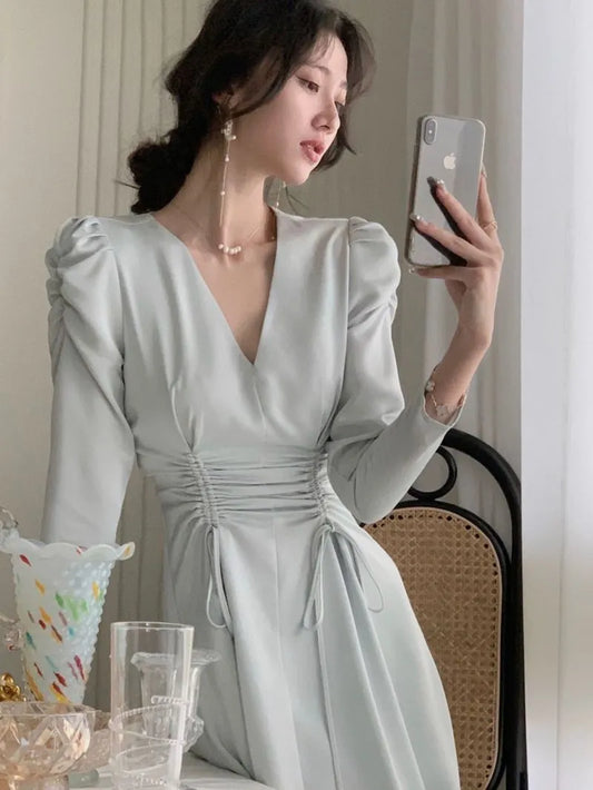 Satin V-neck Long Sleeves Midi Dresses for Women  Autumn New Elegant Party Fashion Slim Vintage Casual Blue Female Clothing