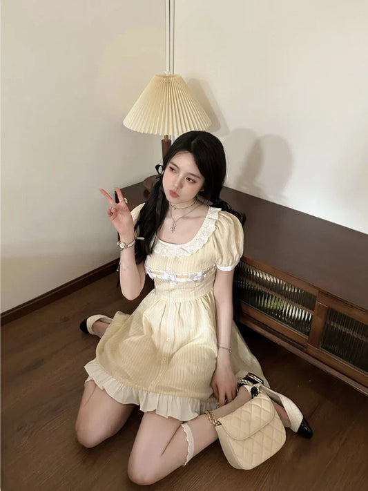 lovwvol  Cute Kawaii Fairy Mini Yellow Dress Women Japanese Y2k Ruffles Puff Sleeve Tunic School Dresses Sweet Lolita Vestidos