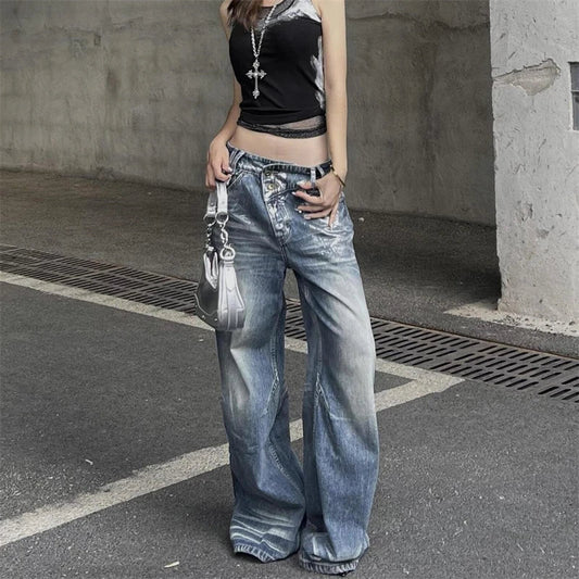 lovwvol Women's Irregular Tie Dye Printing Jeans Street Cool Girl High Waist Wide Leg Pants Female Casual Straight Denim Trousers