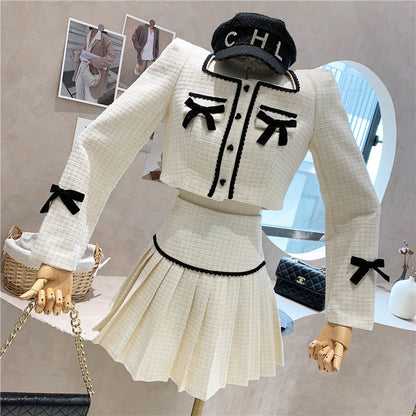 Small Fragrance Tweed 2 Piece Set Women Bow Short Jacket Coat + Skirt Suits Korean Sweet Outfits French Vintage Two Piece Sets