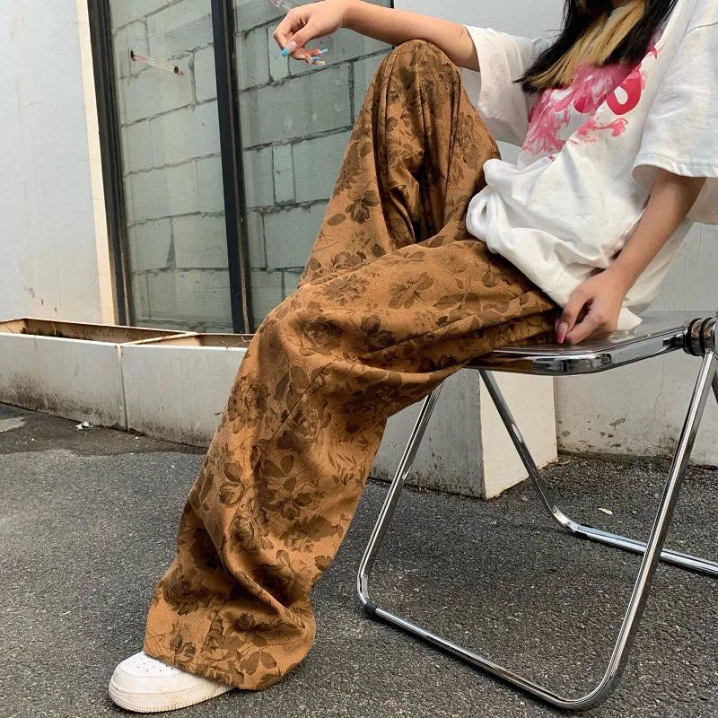 lovwvol Summer Thin Retro Corduroy Pants Women Harajuku Printed Baggy Wide Leg Trousers Teen High Street Unisex Hip Hop Pants