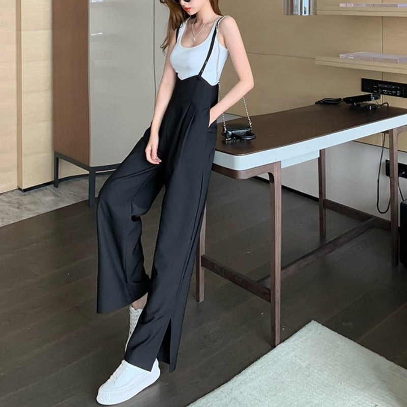 Women Summer Fashion Strap Wide-leg Pants Jumpsuit Casual Loose Drape Split Trousers High Waist Bodysuit Sling One-piece Pants