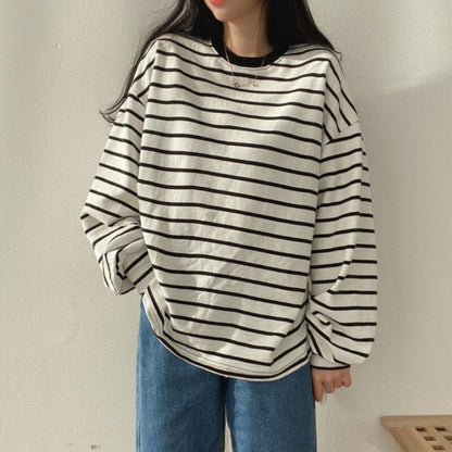 Striped T-shirt Women's New Spring and Autumn Thin Street Loose Long-sleeved Top Fashion Elegant Retro Bottoming Shirt Top