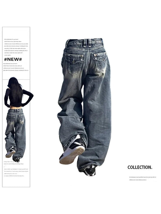 lovwvol Women's Vintage Baggy Blue Jeans High Waist Denim Trousers Korean 2000s Y2k Harajuku 90s Aesthetic Oversize Pants Trashy Clothes