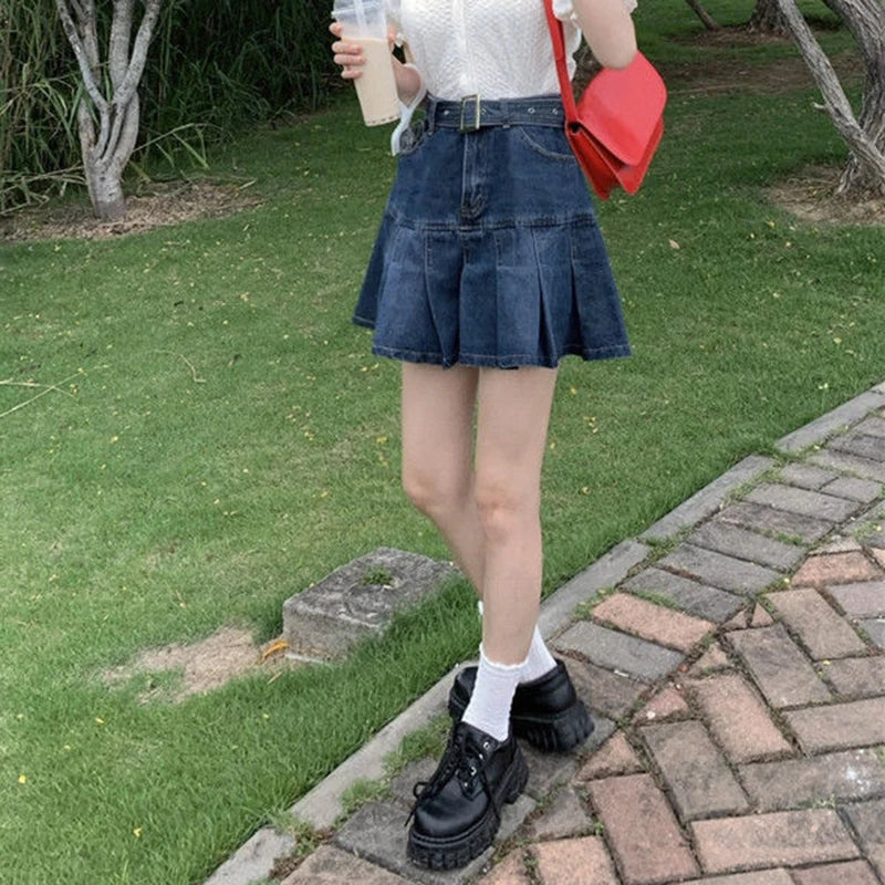 lovwvol  High Waist Y2K Jean Skirts Women Retro Mini Denim Pleated Skirts Harajuku Punk Belt Korean Student Casual A Line Skirt