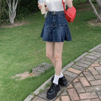 lovwvol  High Waist Y2K Jean Skirts Women Retro Mini Denim Pleated Skirts Harajuku Punk Belt Korean Student Casual A Line Skirt