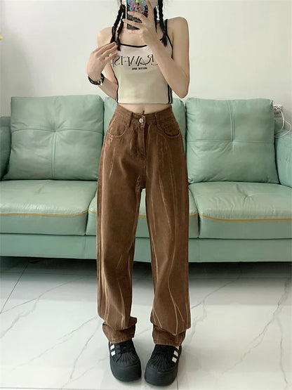 lovwvol Women's Vertical Tie Dyed Brown Thin Jeans Young Girl Summer New Bottoms Casual Trousers Female Straight Narrow Cut Pants