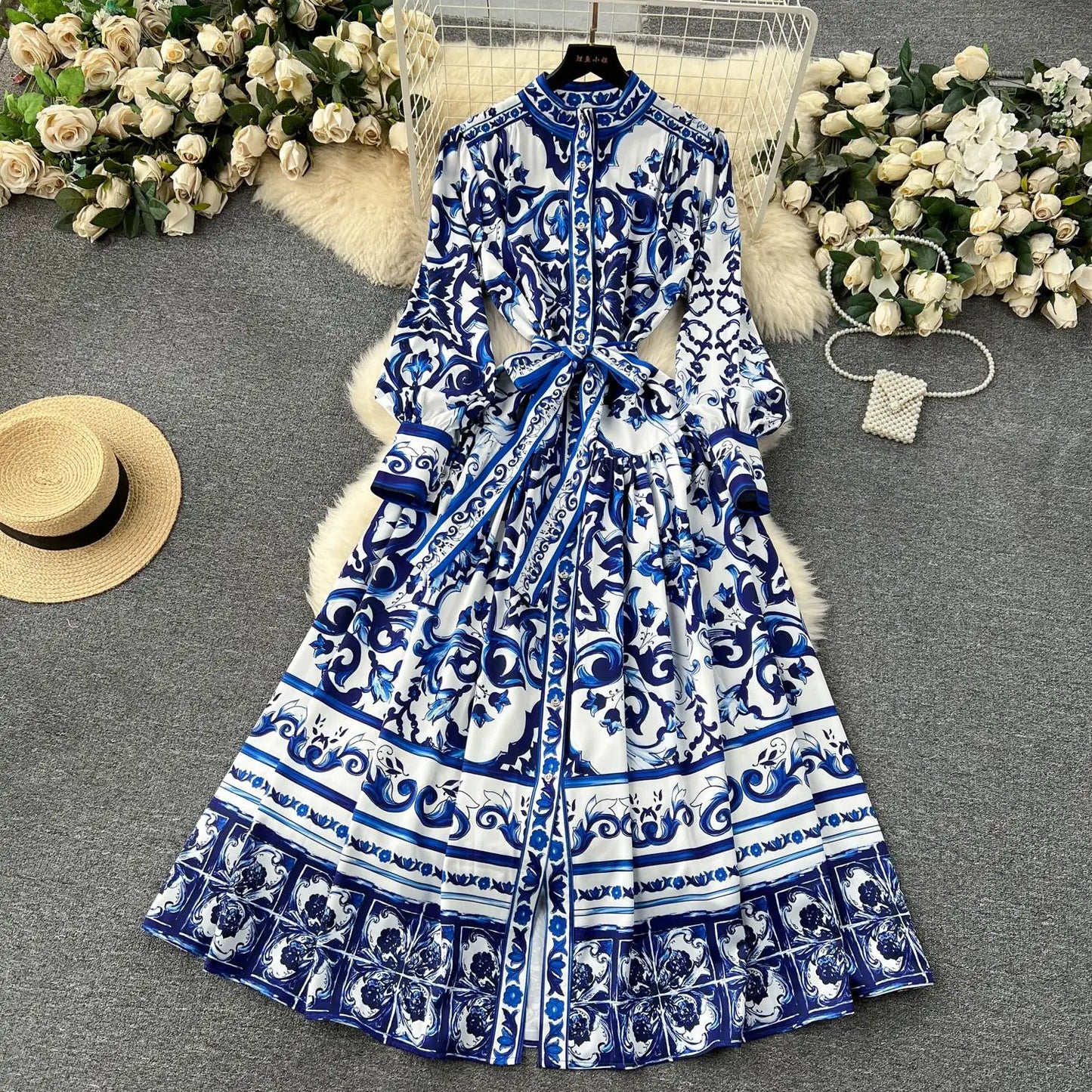 lovwvol Spring Runway Blue And White Porcelain Dress Women's Stand Long Lantern Sleeve Flower Print Lace Up Beach Robe