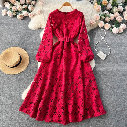 lovwvol Spring Autumn Women Hook Flower Hollow Party Long Dress Vintage Round Neck Puff Sleeve High Waist A-Line Maxi Vestidos New 2024