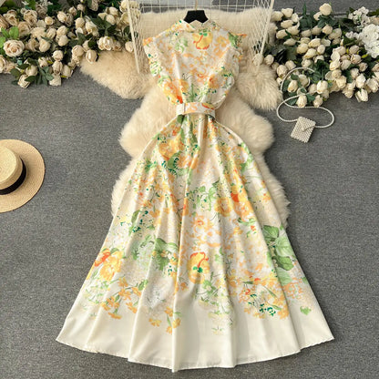 lovwvol New Fashion 2024 Summer Holiday Long Dress Women's Gorgeous Sleeveless Turn Down Neck Floral Print Belt Robe Beach Vestidos