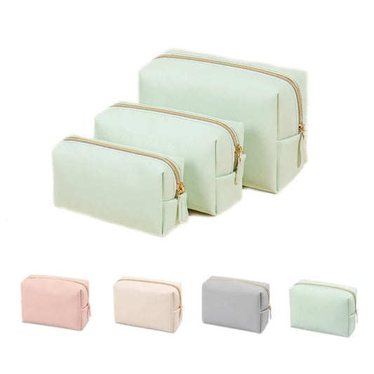 Women Cosmetic Bag Waterproof PU Leather Solid Color Makeup Pouch Travel Portable Wash Toiletry Storage Bag Organizer Purse