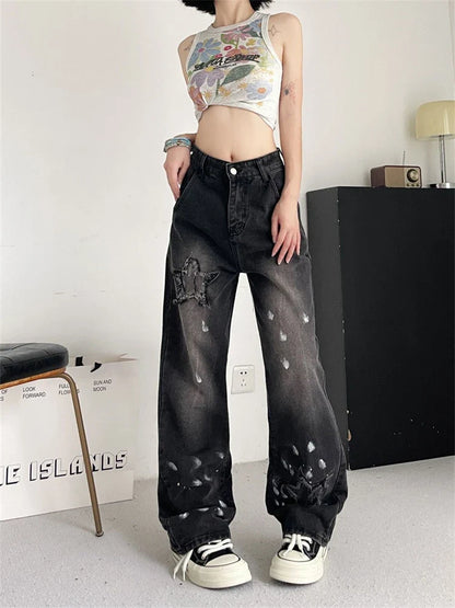 lovwvol Women's Star Splash Ink Design Unisex Jeans Street Summer Trousers Young Girl Street Bottoms Female High Waisted Denim Pants